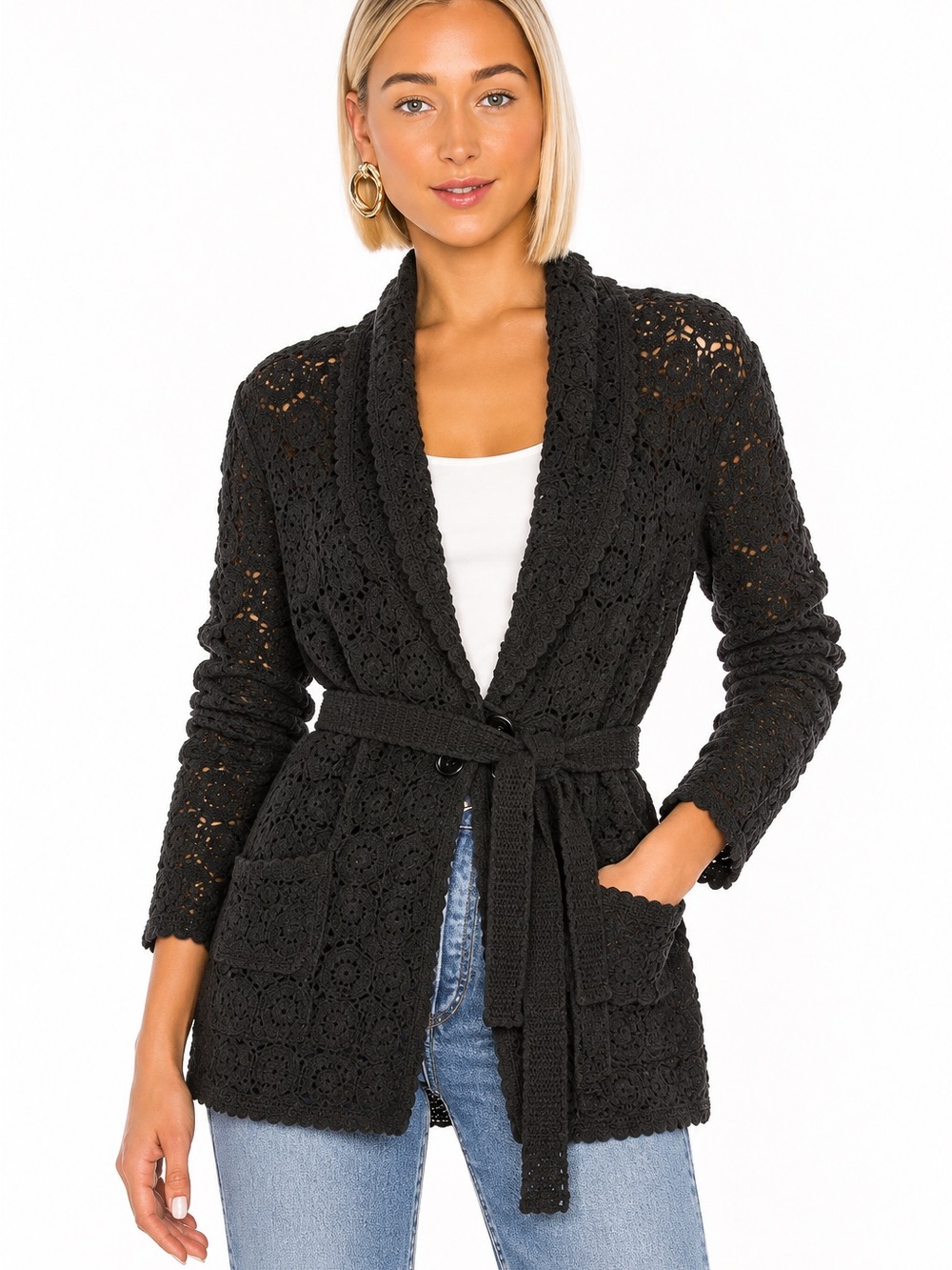 525 America Black Crochet Belted Cardigan